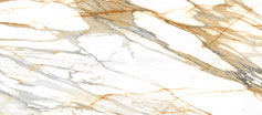 Laminam Calacatta Mediceo, évoquant la richesse et l'élégance des marbres italiens. Ses veines dorées prononcées, contrastant avec le fond blanc immaculé, créent un effet de profondeur et de mouvement saisissant.