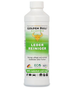 Der biologisch abbaubare Readymix von Golden Bull ist optimal auf die Ledersitzreinigung & Pflege von Glattleder abgestimmt.