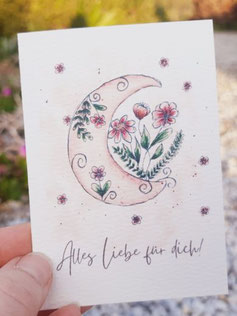Klappkarte "Alles Liebe für dich!" Aquarell Mond Blumen