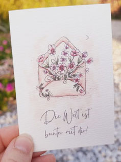 Klappkarte "Die Welt ist bunter mit dir!" Aquarell Briefumschlag mit Blumen