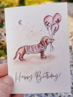 Klappkarte "Happy Birthday" Aquarell Dackel Luftballons