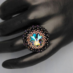 Ring schwarz-metallic rosa -regenbogen Swarovski rivoli Miyuki