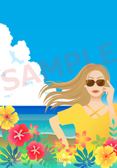 イラスト素材・夏の海と南国植物とサングラスを着用した女性のポスター