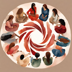 Frauen, die im Kreis sitzen, eine rote Spirale in der Mitte. Frauenkreis Regensburg