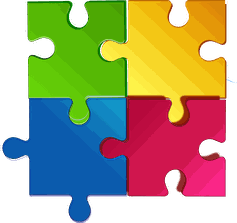 Vier Puzzleteile mit verschiedenen Farben
