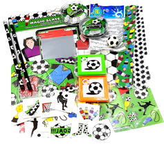 Mitgebsel für einen Adventskalender mit Thema Fußball (enthält: Sticker, Konfetti, Schiebepuzzle, Schnapparmband Fußball, Bleistift Fußball, Radierer Fußball, Tattoos Fußball)