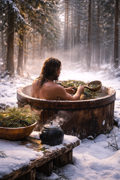 Mann sitzt in einem dampfenden Holzzuber im Schnee, Kiefernnadeln im Wasser, winterliche Natur, Schutzbad mit Kiefer