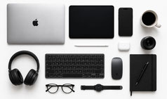 Modern electronic devices including a laptop, tablet, and smartphone