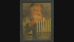 Grandfather lighting menorah Judaica Holiday oil painting. A Rabbi lights the menorah in the Synagogue