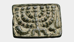 Jewish bronze bread stamp late Roman Byzantine. Jewish symbols seven-branched Menorah tripod 