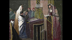 Menorah in 1870. Rabbi is reading in Torah at Synagogue. Engraving by Froment, published on La Illustracion, Spain