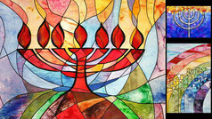 Glass Menorah by artist Jeannette Kuvin Oren. "Menorah, Light Unto the Nations" and "Rainbow Over Jerusalem"