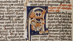 Menorah in Medieval Bible. Image Prologue of the Apocalypse. Monster. Argument. St. John's Vision. Revelation
