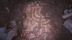 Ancient Mosaic with Menorah from Byzantine Period. Synagogue in Oncheasmos Saranda, Albania