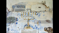 painting of menorah, Hebrew lampstand, at synagogue in Bobowa, Roznow Foothills, Western Carpathians, Malopolska, Poland