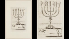 Candelabrum aureum. Candelabra (menorah) with seven arms with its lamps lit from which smoke comes out