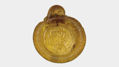 Jewish glass pendant. Yell0w, seven-branched menorah tripod lulav etrog