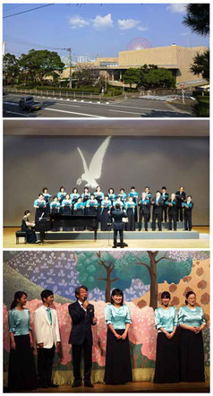 (上)荒尾総合文化センター (中)演奏の様子 (下)20代団員へのインタビュー