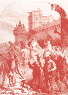 Blanche de Castille accueillant les pastoureaux qu'elle soutiendra dans un premier temps avant de vouloir les repousser. Gravure du XIXe. TEMPLE DE PARIS