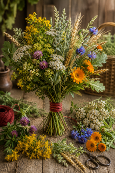 Traditioneller Sonnwendbüschel aus Johanniskraut, Schafgarbe, Frauenmantel, Kornblumen, Beifuß und Getreideähren zur Sommersonnenwende.