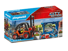 Gabelstapler mit Hubfunktion, Containermodul und Schwerlastpalette.