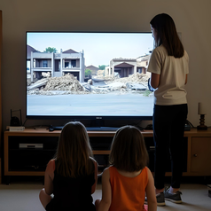 Junge Mutter vor einer Breitleinwand stehend, zwei Kinder sitzen neben ihr. Auf der hellen TV-Leinwand sind vier zerstörte Häuser in bläulichem Licht erkennbar. Foto wurde mit canva (KI) erstellt.
