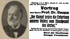 Bild links: Portrait Robert Gaupp (1908), Foto: unbekannt, Public Domain, via: Wikimedia Commons; Bild rechts: Robert Gaupp: Vortrag (1931), Foto: Bund der Hausfrauen und Evangelischer Frauenbund, Public domain, via Wikimedia Commons.