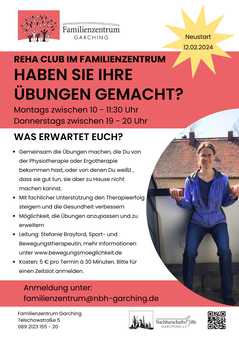 Poster von neuem Angebot. Rechts ein Foto auf dem die Kursleiterin auf dem Balkon Kniebeugen macht, mit Saucengläsern . Links und oben der Text zur Information. Dieser Text ist auch in der verlinkten Information lesbar.