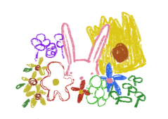 白地の背景にクレパスのような線で描いた兎とそれを囲んだ花々のイラスト
