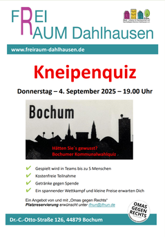 Design: Omas gegen Rechts Bochum & West, Kneipenquiz Termin am 04.09.25 - 19.00 Uhr. Quiz vor der Kommunalwahl