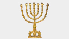 Italian giltwood emblem of a menorah, probably 18th century. Traditional baroque tree form on openwork scroll base