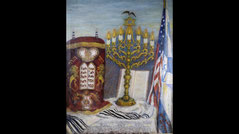 Rose P. Acron, Still Life Judaica. US flag, menorah, Torah,Hope of Israel