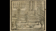 Bible menorah, German Bible by Ambrosius Lobwasser with menorah image, seven-branched candlestick without round arms