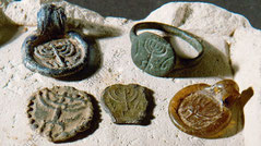 Seven-armed candelabrum menorah Byzantine medallions glass lead