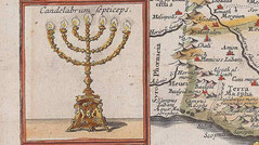 Map of the Holy Land and Jerusalem with temple menorah image from the 17th century