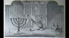 The Holy Place. Illustration of the 1890 Holman Bible. The golden lampstand menorah, table with shewbread 