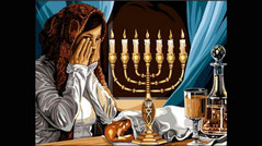 Shabbat shalom woman with menorah on a table with wine SEG Paris