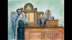 Painting David G. Vogel menorah, 2 rabbis bimah, with ark in background