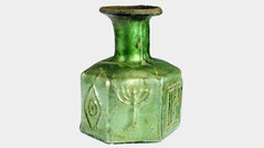 Ancient Green mold-blown hexagonal glass pilgrim jar menorah