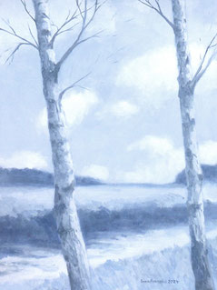 Birken am Kanal monochrome Malerei im Stil des Piktorialismus Öl auf Papier 40 x 30 cm 2024 Enno Franzius Graublau wasservermischbare Ölfarbe 