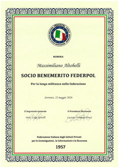 Nel 2026 mi è stato conferito da Federpol il riconoscimento di Socio Benemerito per gli oltre trent'anni di attività nel settore delle investigazioni private.