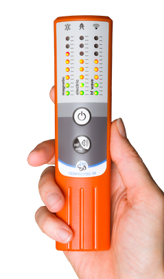 CEMprotec 34 EMF meter in enhanced high frequency mode, measuring 5G RF radiation levels.