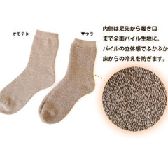 内側は足先から履き口まで全面パイル生地に。パイルの立体感でふかふか、床からの冷えを防ぎます。