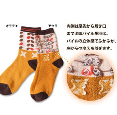 内側は足先から履き口まで全面パイル生地に。パイルの立体感でふかふか、床からの冷えを防ぎます。