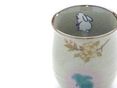 九谷焼【お湯呑】大 白兎しだれ桜【中裏絵】(緑)