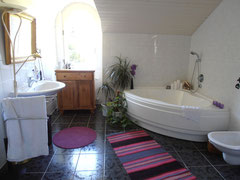 Badezimmer mit Großbadewanne und Dusche. Bathroom with extra large corner bath and shower.