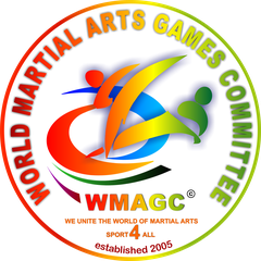 World Martial Arts Games Committee Logo mit internationalem Sportdesign und Slogan ‚We Unite the World of Martial Arts‘