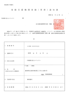 登録支援機関登録（更新）通知書の写し