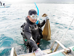 中山市長は約30匹のオニヒトデを駆除した=5日、米原アウトリーフ