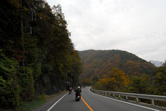 紅葉で色づき始めた景色の中、気持ちよく走るツーリングパーティ